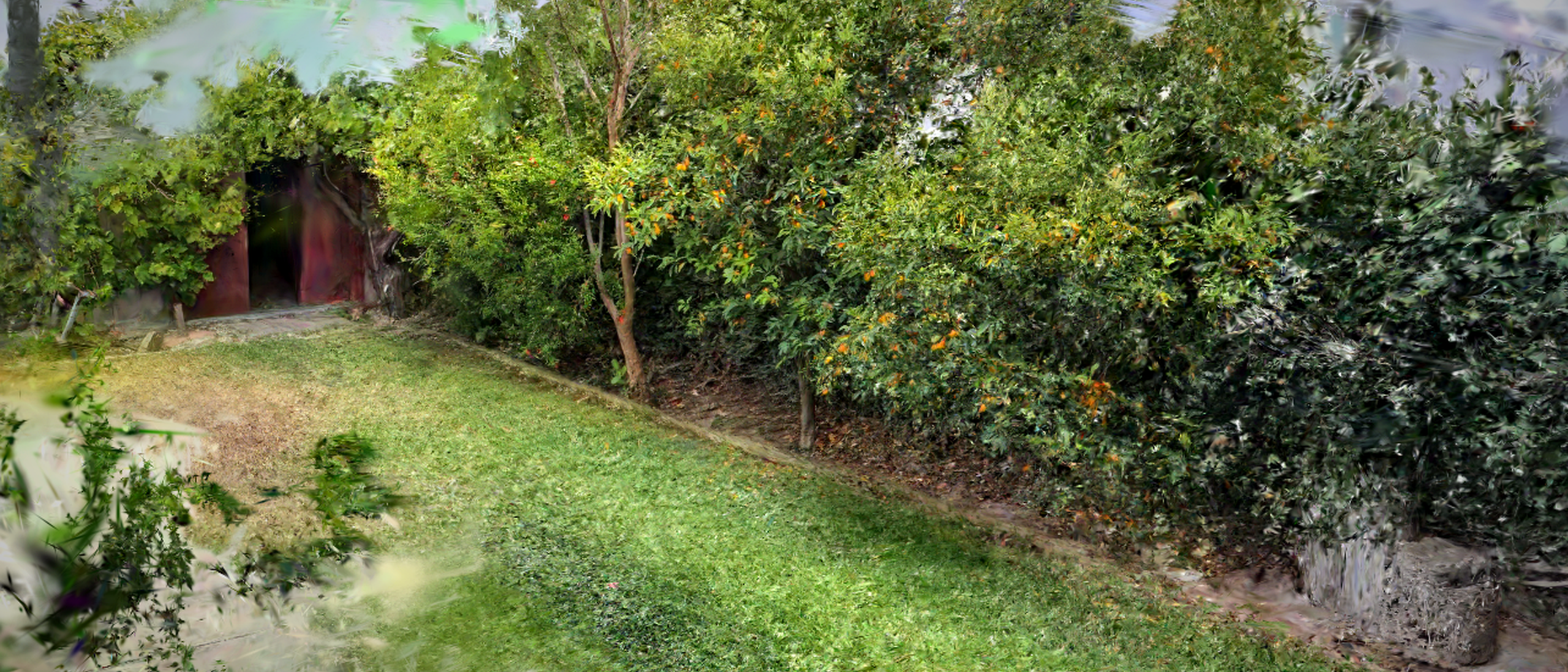Photoreal 3D reconstruction of a garden courtyard with citrus trees, captured by a Lumin scan